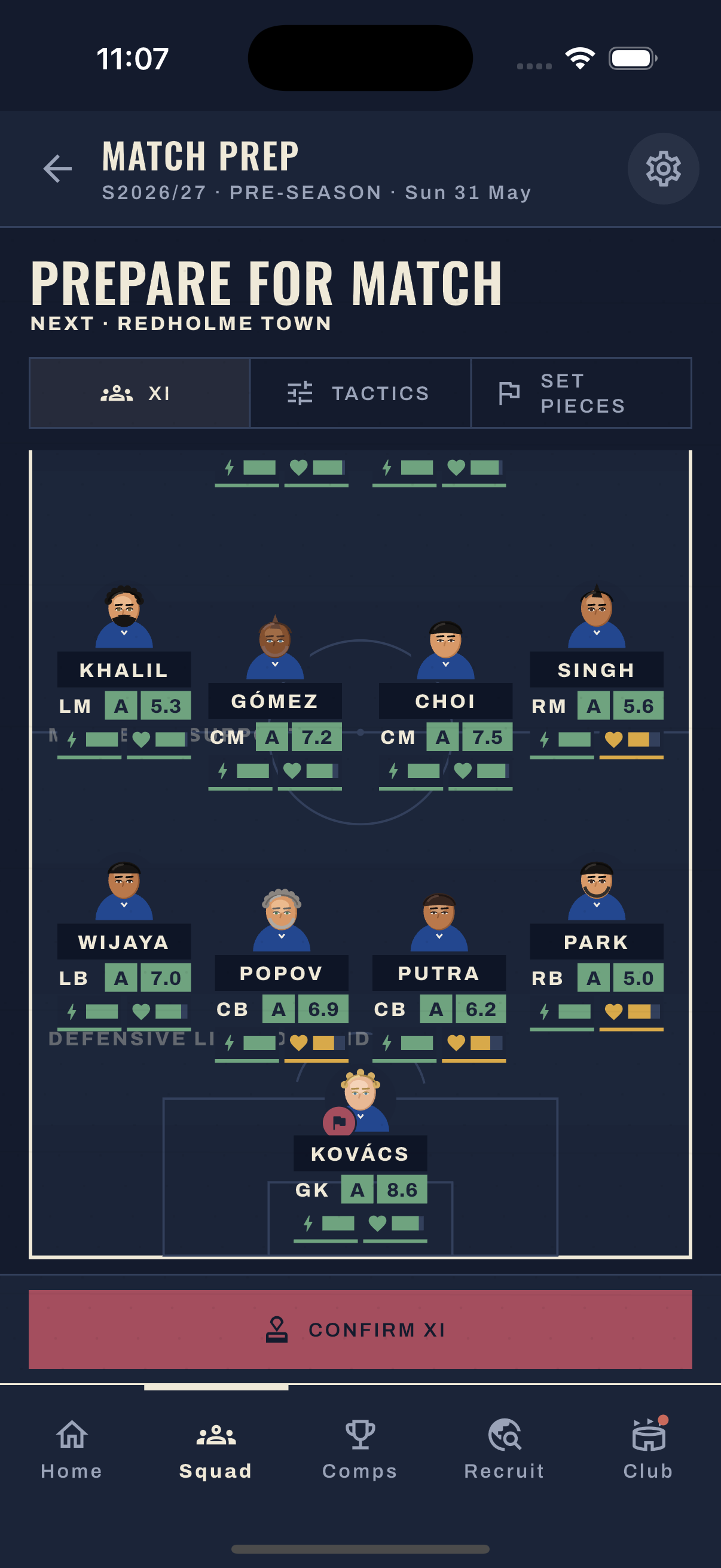Grassroots Football match preparation and team formation — captured from the iPhone simulator with a fictional club